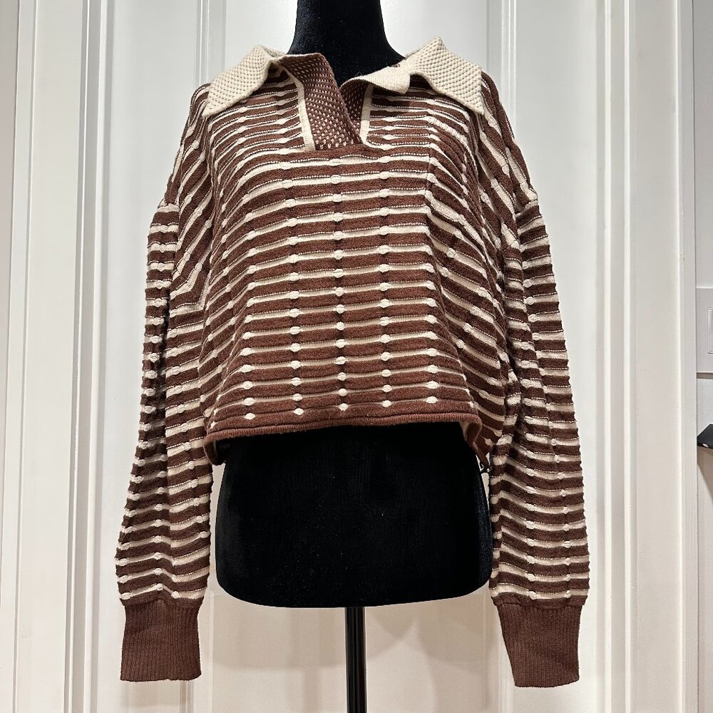 Anthropologie Better Garment Brown Cream Collared Sweater Size Small - Picture 2 of 16
